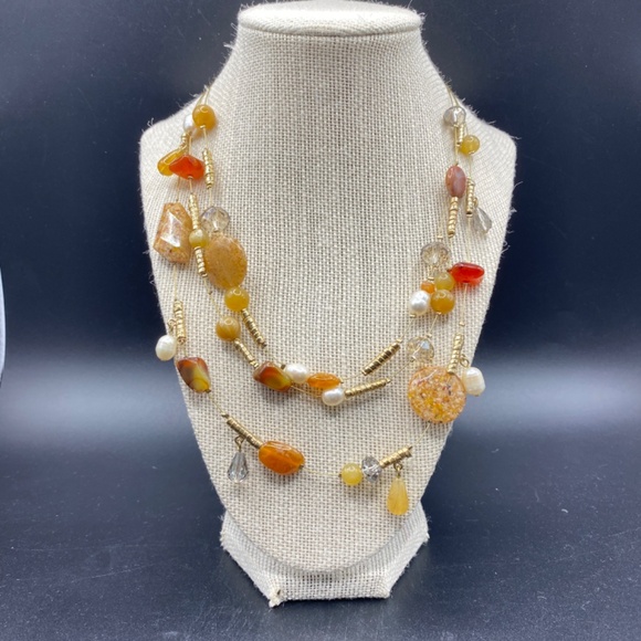 CHICO'S Triple Strand Glass Stone Natural Pearl Beads Layered Necklace - Picture 4 of 8